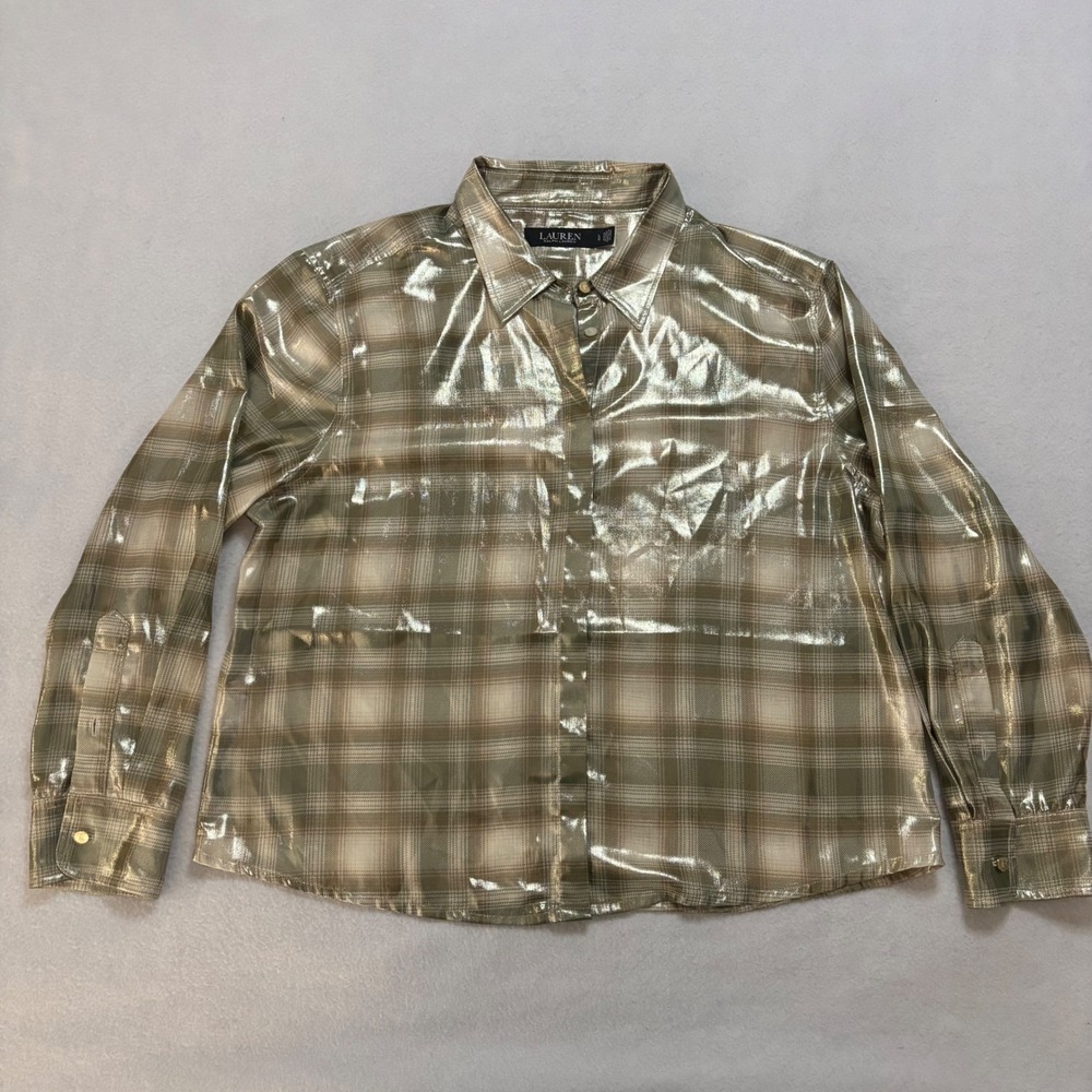 Lauren Ralph Lauren Gold Metallic Plaid Button Down Shirt Womens Large LRL Top